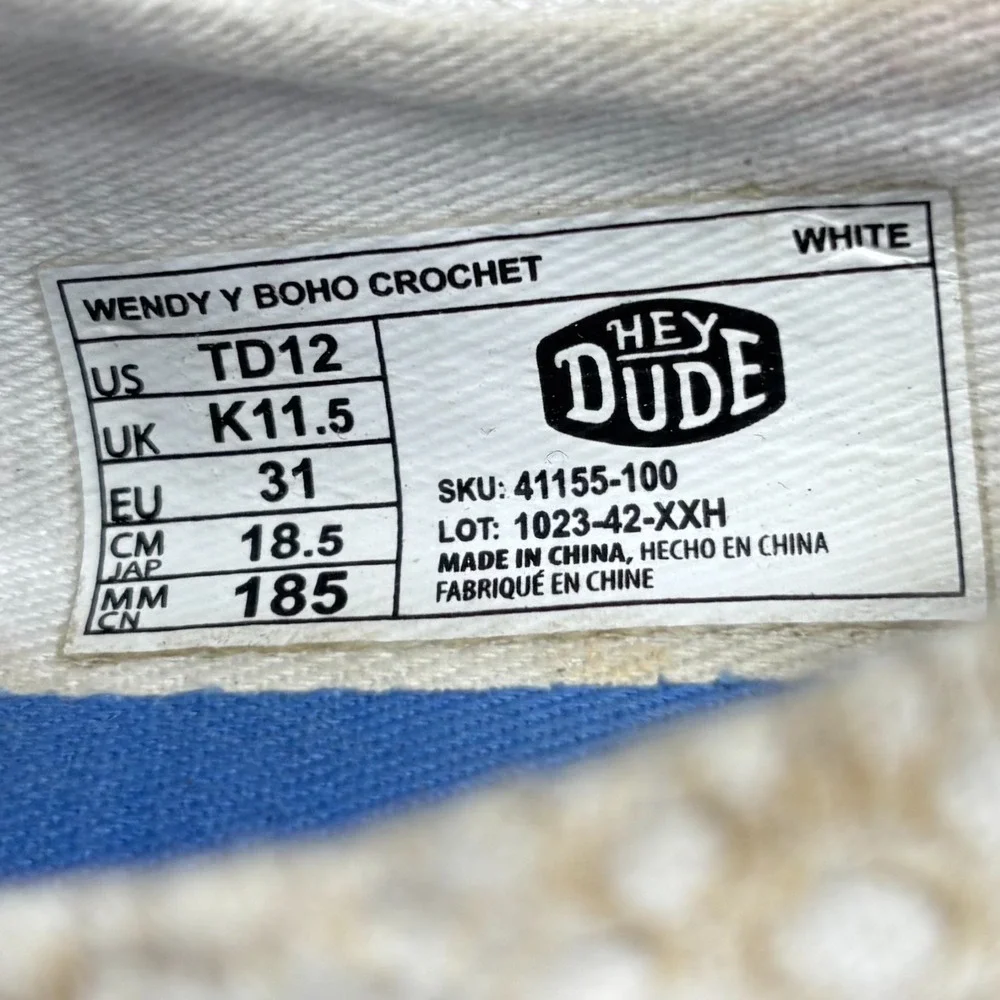 HEYDUDE Wendy Boho Crochet White Shoes Girls Youth Size 12 Kids Low Top Slip On